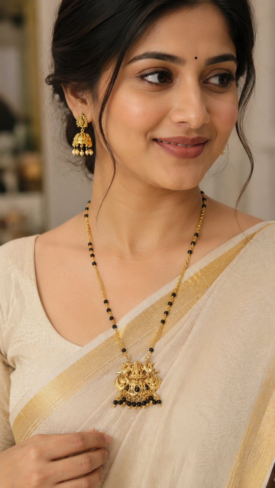 Panchaloham Black beads with lakhmidevi locket